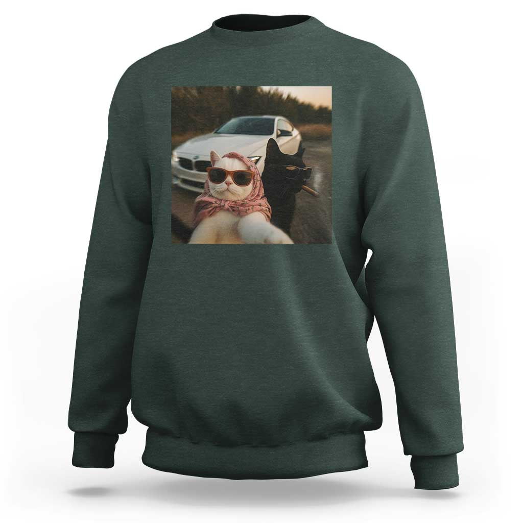 Cats Selfie Meme Sweatshirt Funny Black Cat Smoking Cigarette With Car - Wonder Print Shop