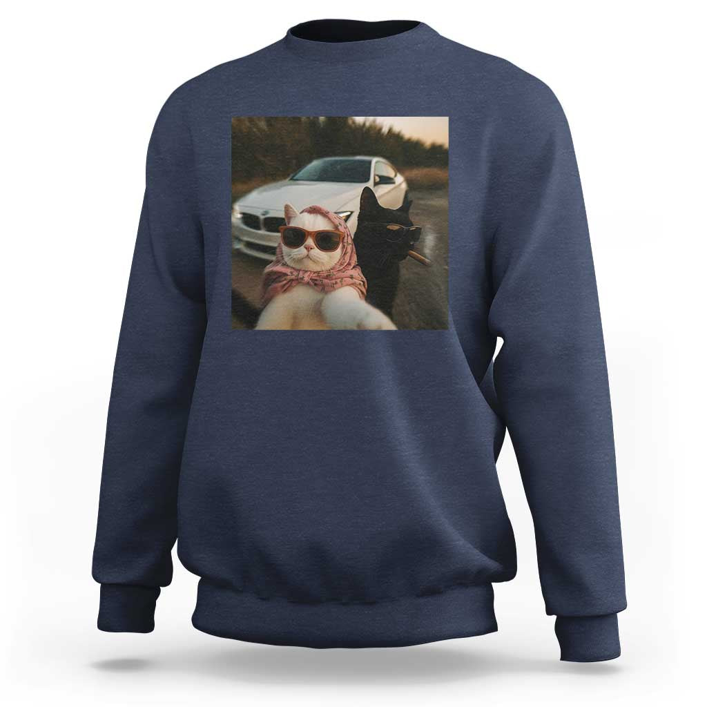 Cats Selfie Meme Sweatshirt Funny Black Cat Smoking Cigarette With Car - Wonder Print Shop