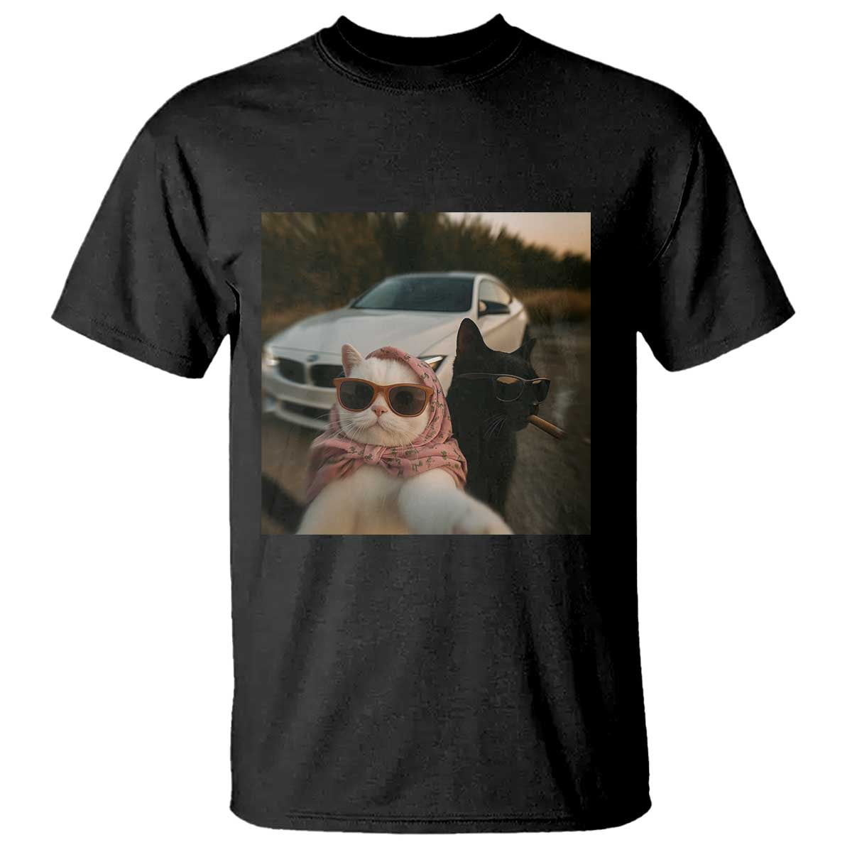 Cats Selfie Meme T Shirt Funny Black Cat Smoking Cigarette With Car - Wonder Print Shop