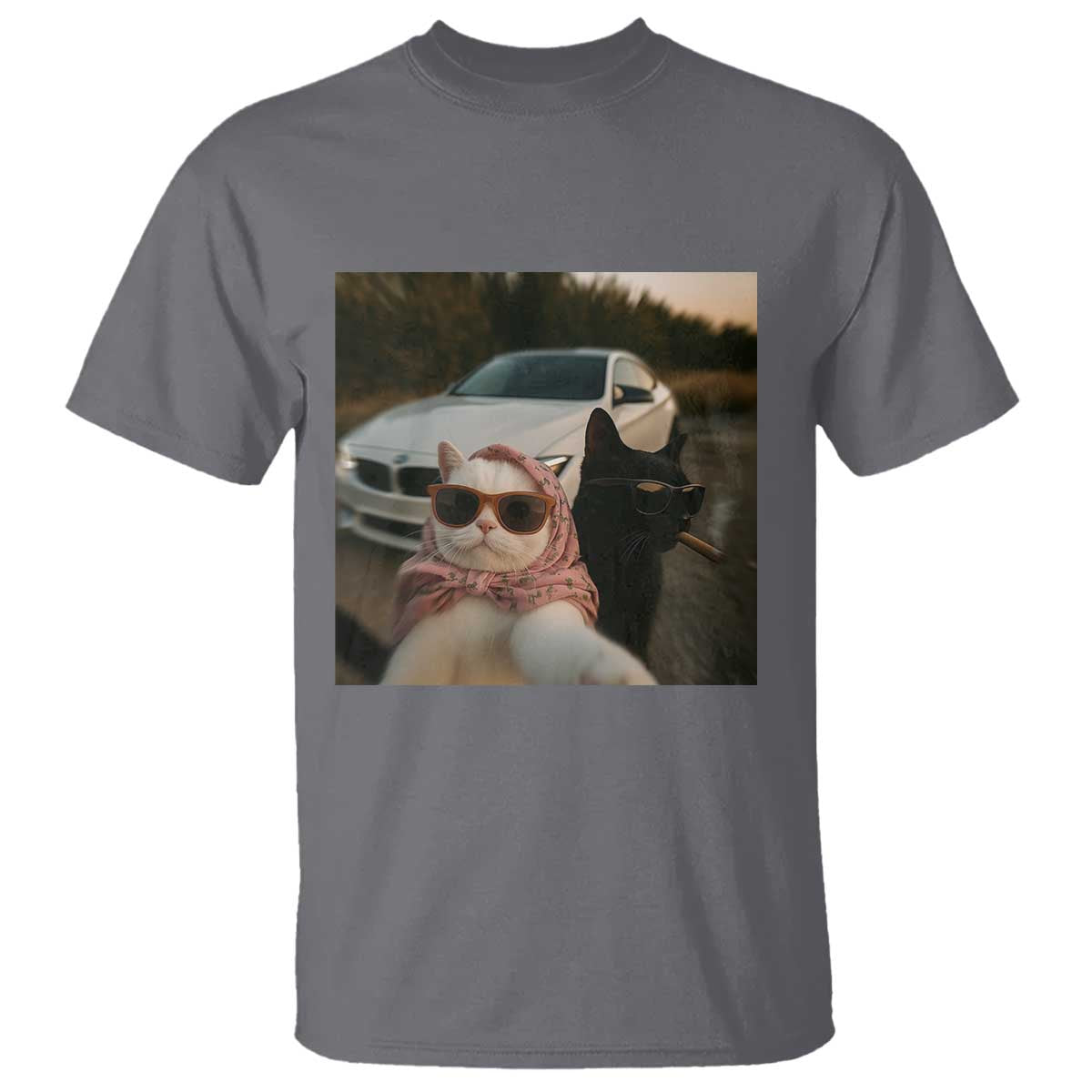 Cats Selfie Meme T Shirt Funny Black Cat Smoking Cigarette With Car - Wonder Print Shop