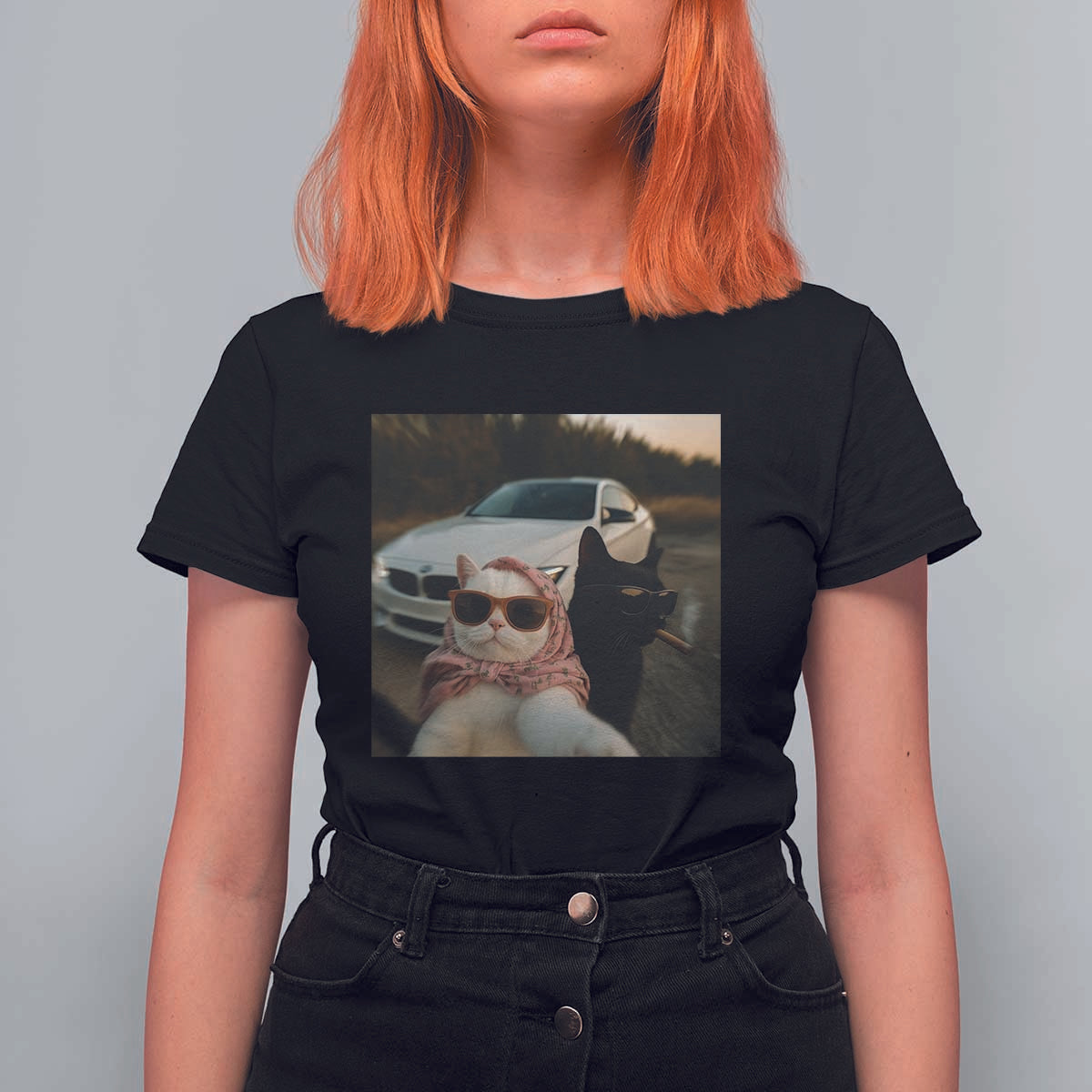 Cats Selfie Meme T Shirt For Women Funny Black Cat Smoking Cigarette With Car - Wonder Print Shop