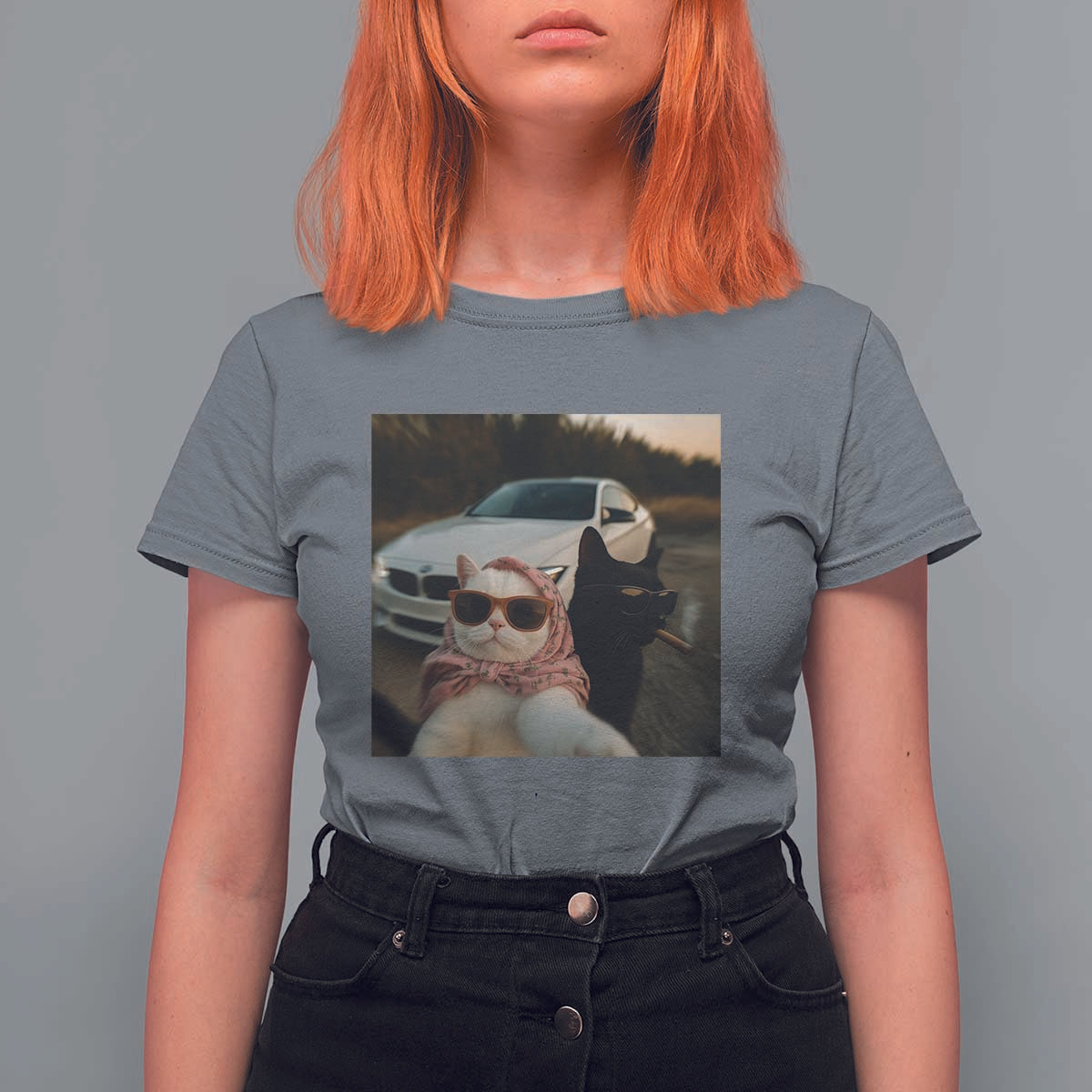Cats Selfie Meme T Shirt For Women Funny Black Cat Smoking Cigarette With Car - Wonder Print Shop
