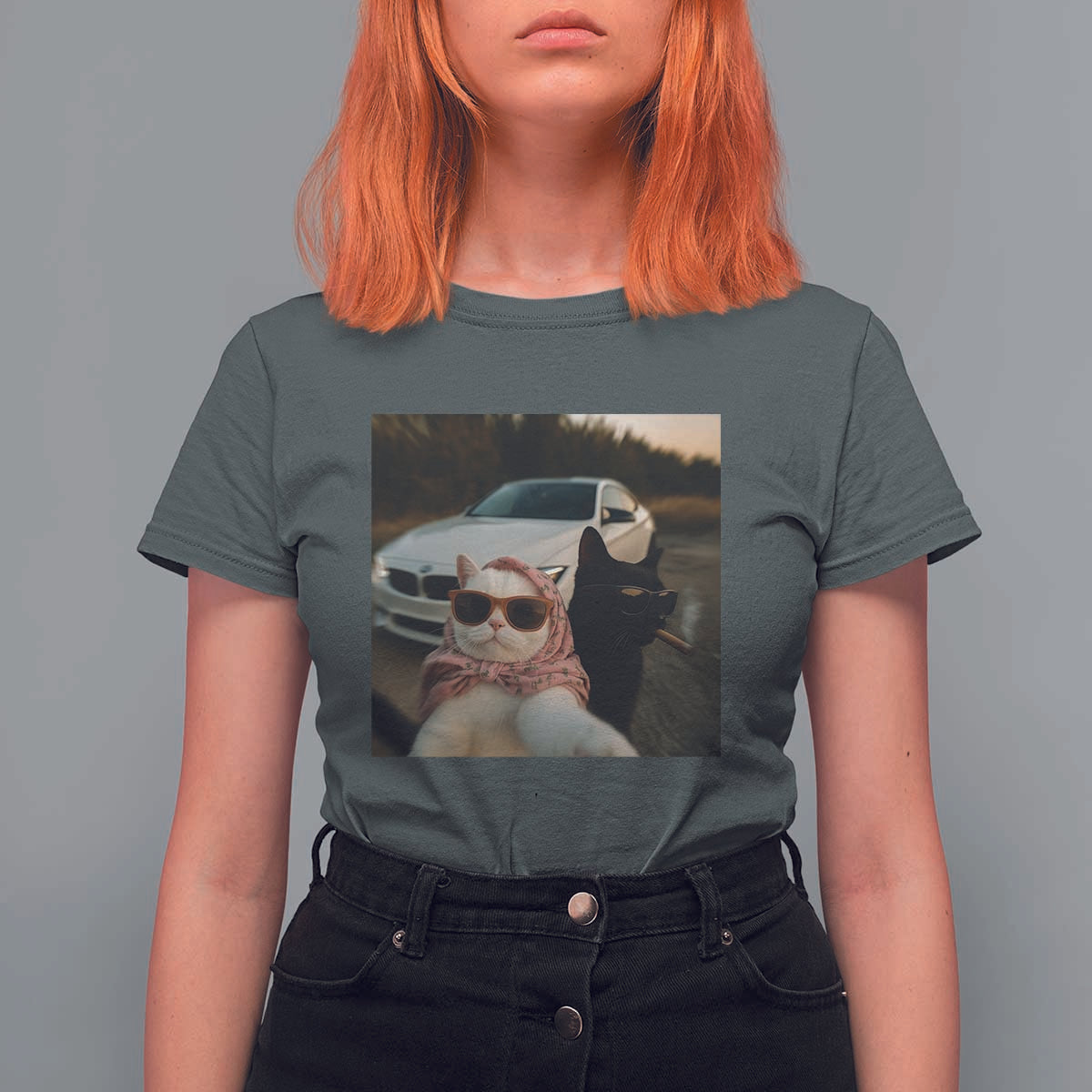 Cats Selfie Meme T Shirt For Women Funny Black Cat Smoking Cigarette With Car - Wonder Print Shop