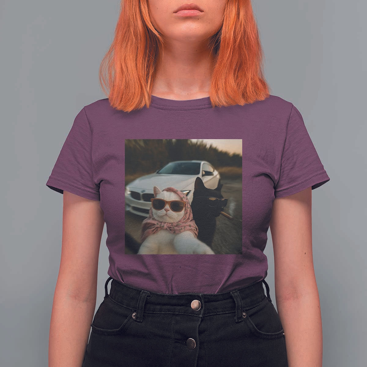 Cats Selfie Meme T Shirt For Women Funny Black Cat Smoking Cigarette With Car - Wonder Print Shop