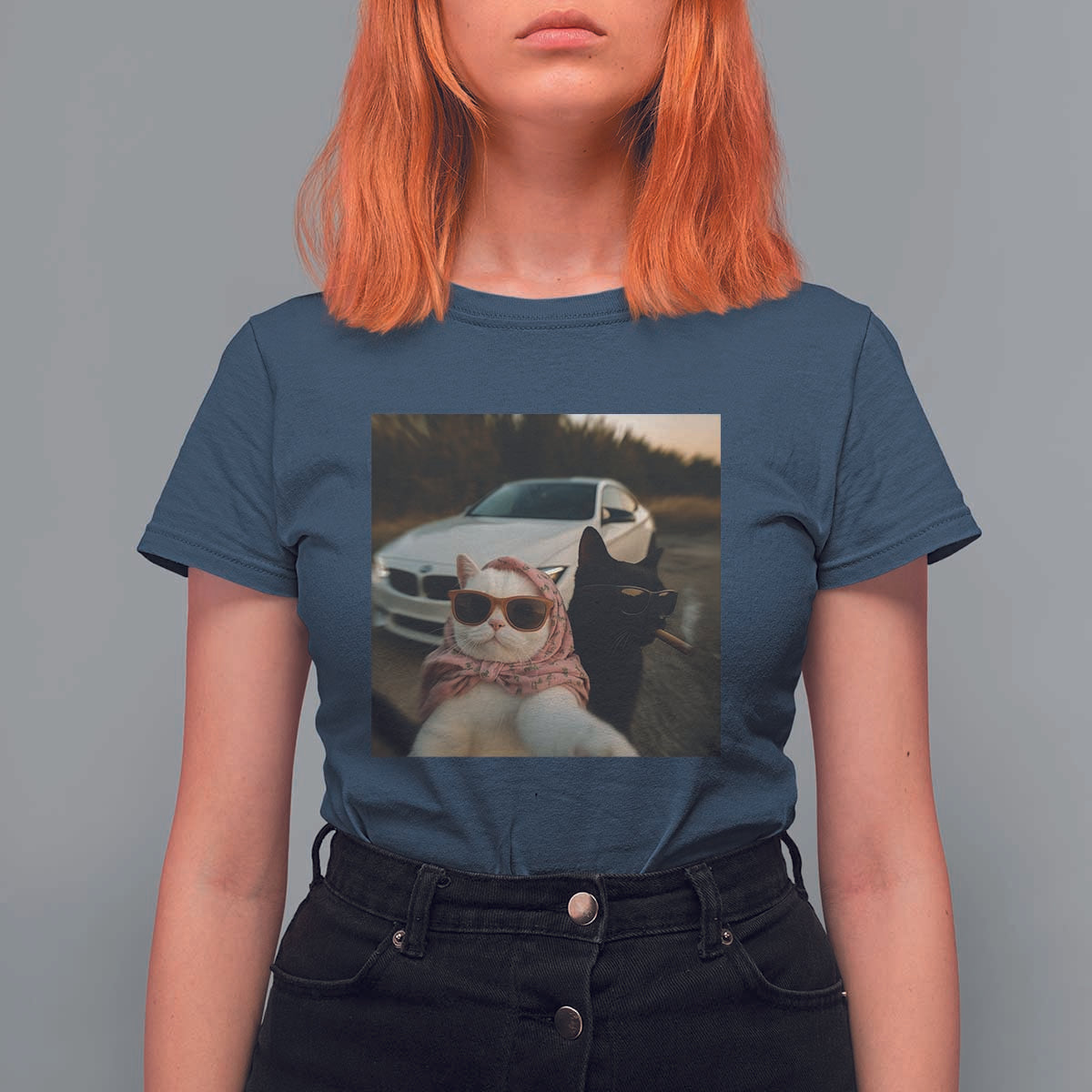 Cats Selfie Meme T Shirt For Women Funny Black Cat Smoking Cigarette With Car - Wonder Print Shop