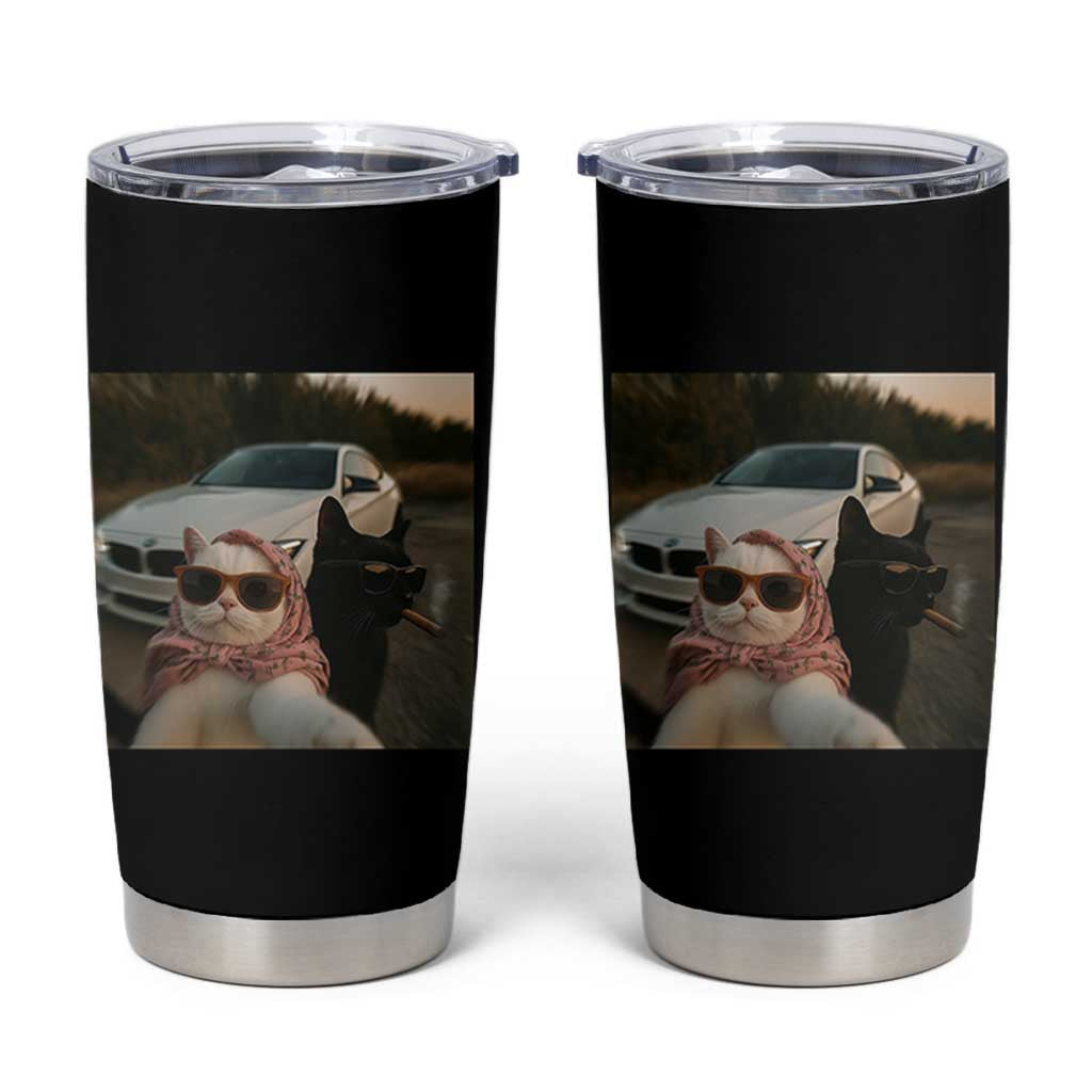 Cats Selfie Meme Tumbler Cup Funny Black Cat Smoking Cigarette With Car