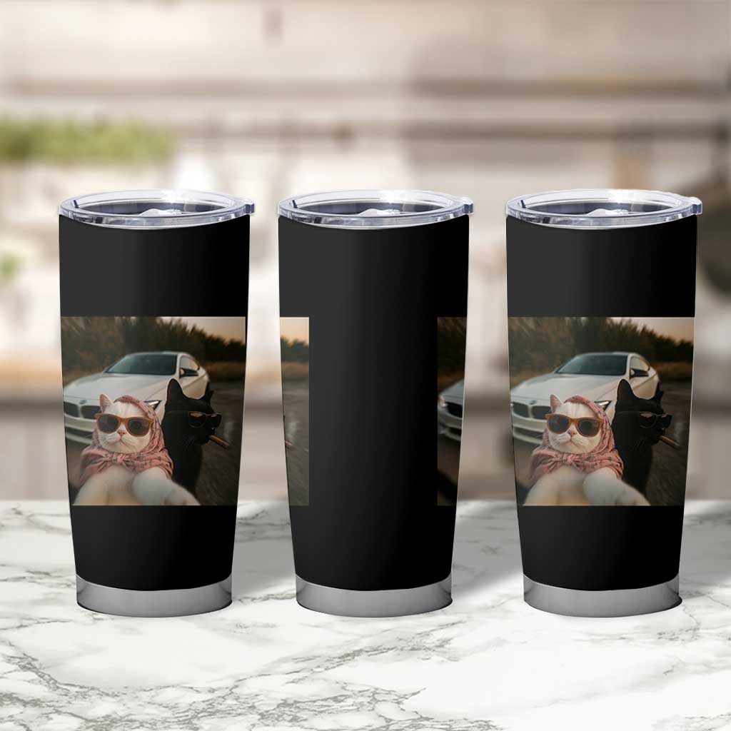 Cats Selfie Meme Tumbler Cup Funny Black Cat Smoking Cigarette With Car