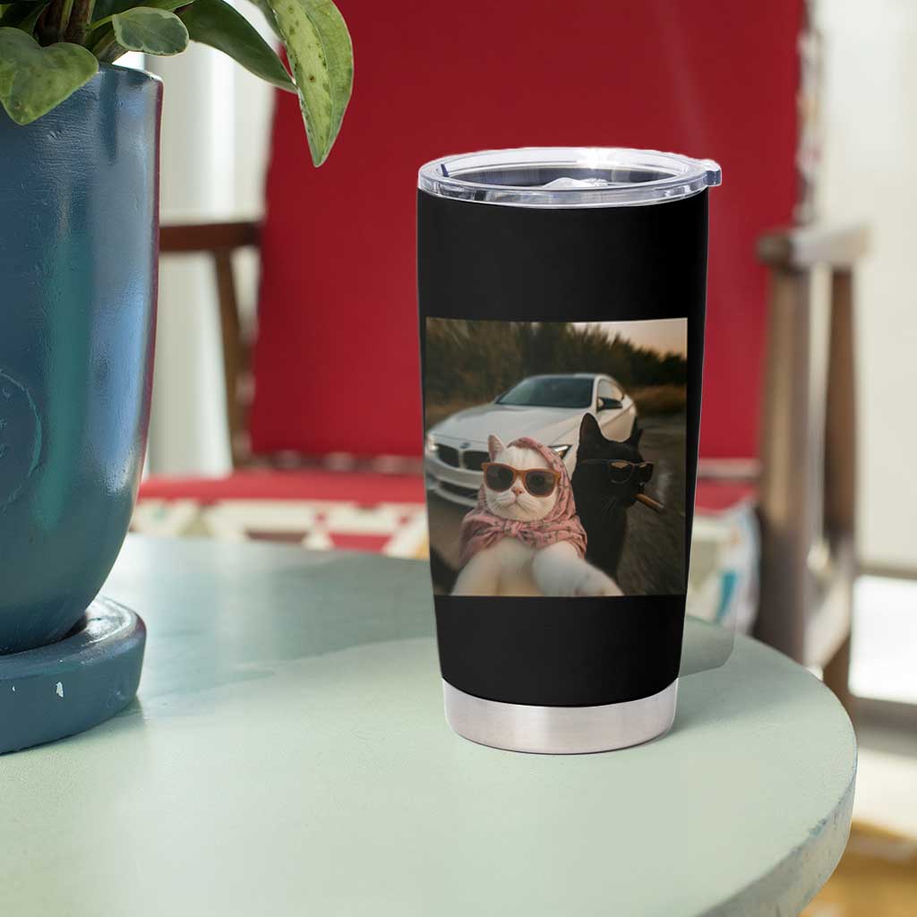 Cats Selfie Meme Tumbler Cup Funny Black Cat Smoking Cigarette With Car