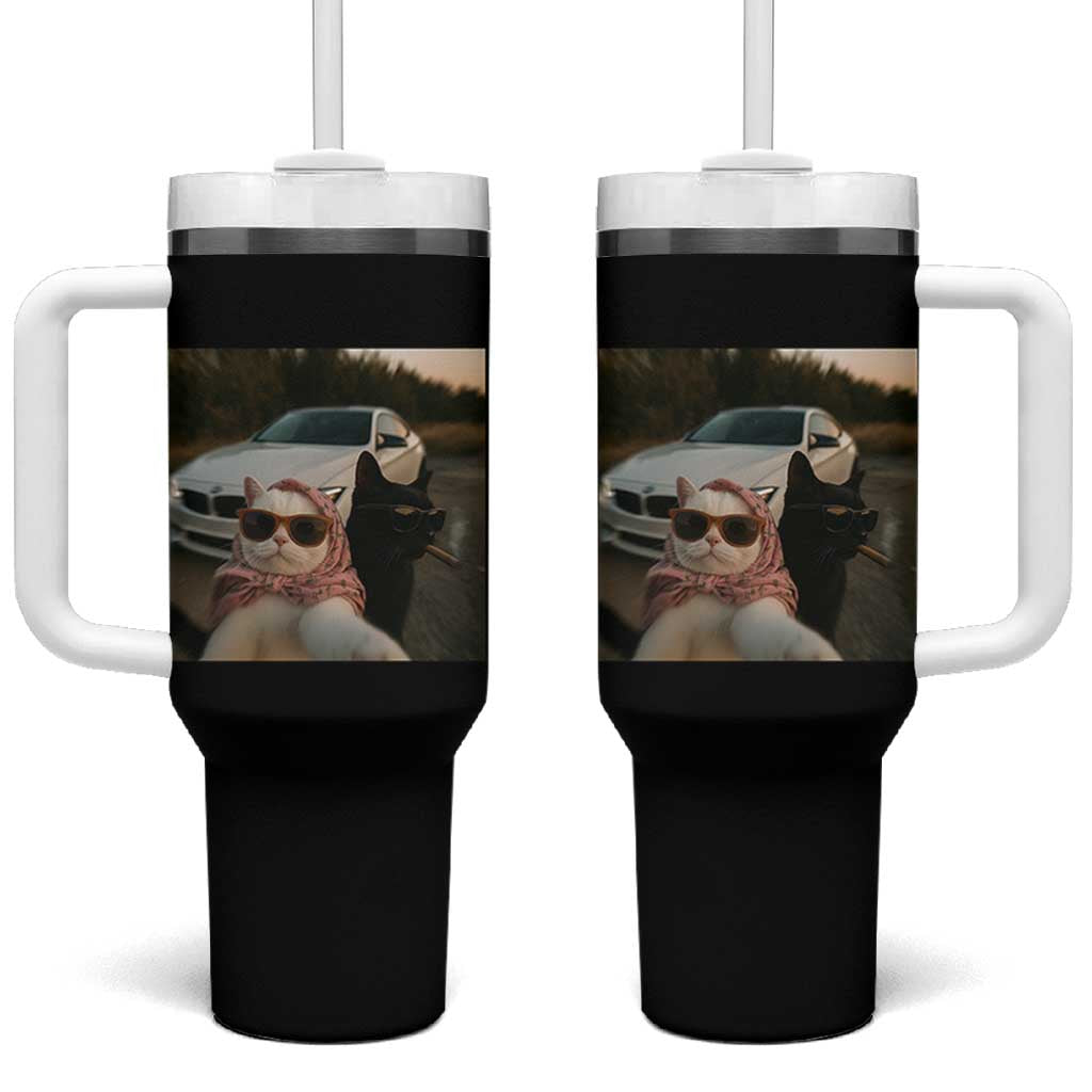 Cats Selfie Meme Tumbler With Handle Funny Black Cat Smoking Cigarette With Car