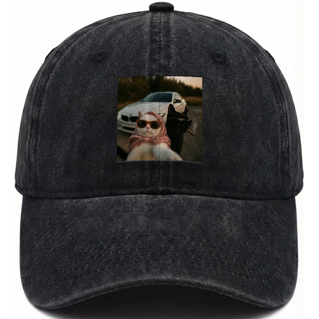 Cats Selfie Meme Washed Cotton Baseball Cap Funny Black Cat Smoking Cigarette With Car