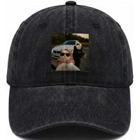 Cats Selfie Meme Washed Cotton Baseball Cap Funny Black Cat Smoking Cigarette With Car