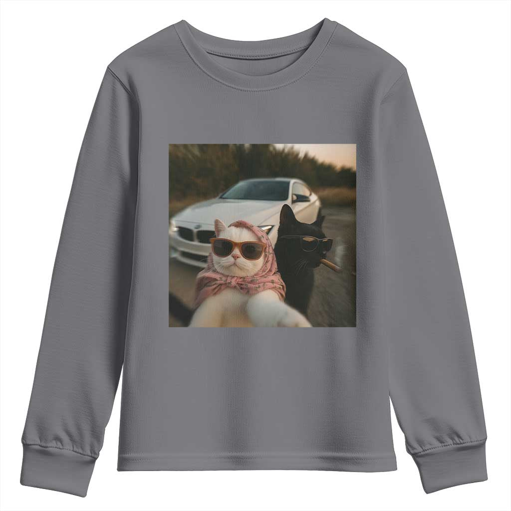 Cats Selfie Meme Youth Sweatshirt Funny Black Cat Smoking Cigarette With Car - Wonder Print Shop