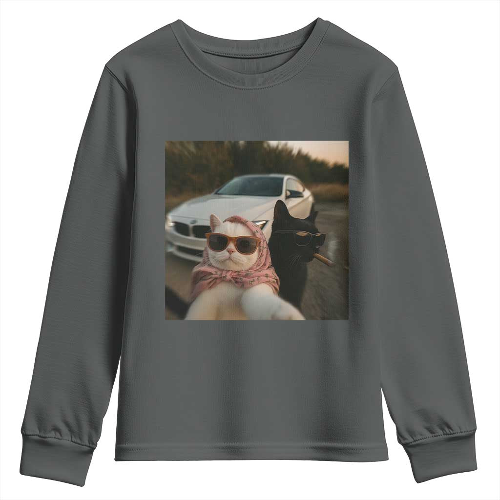Cats Selfie Meme Youth Sweatshirt Funny Black Cat Smoking Cigarette With Car - Wonder Print Shop