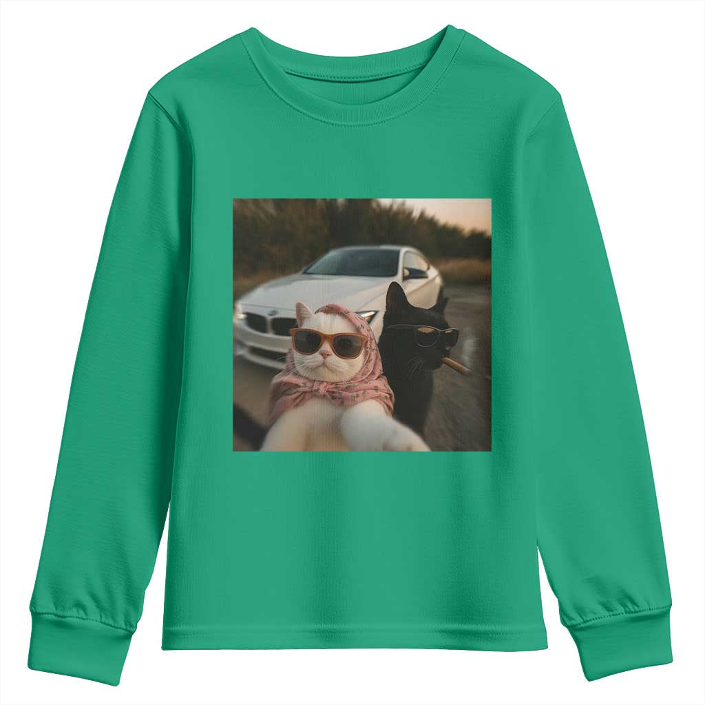 Cats Selfie Meme Youth Sweatshirt Funny Black Cat Smoking Cigarette With Car - Wonder Print Shop
