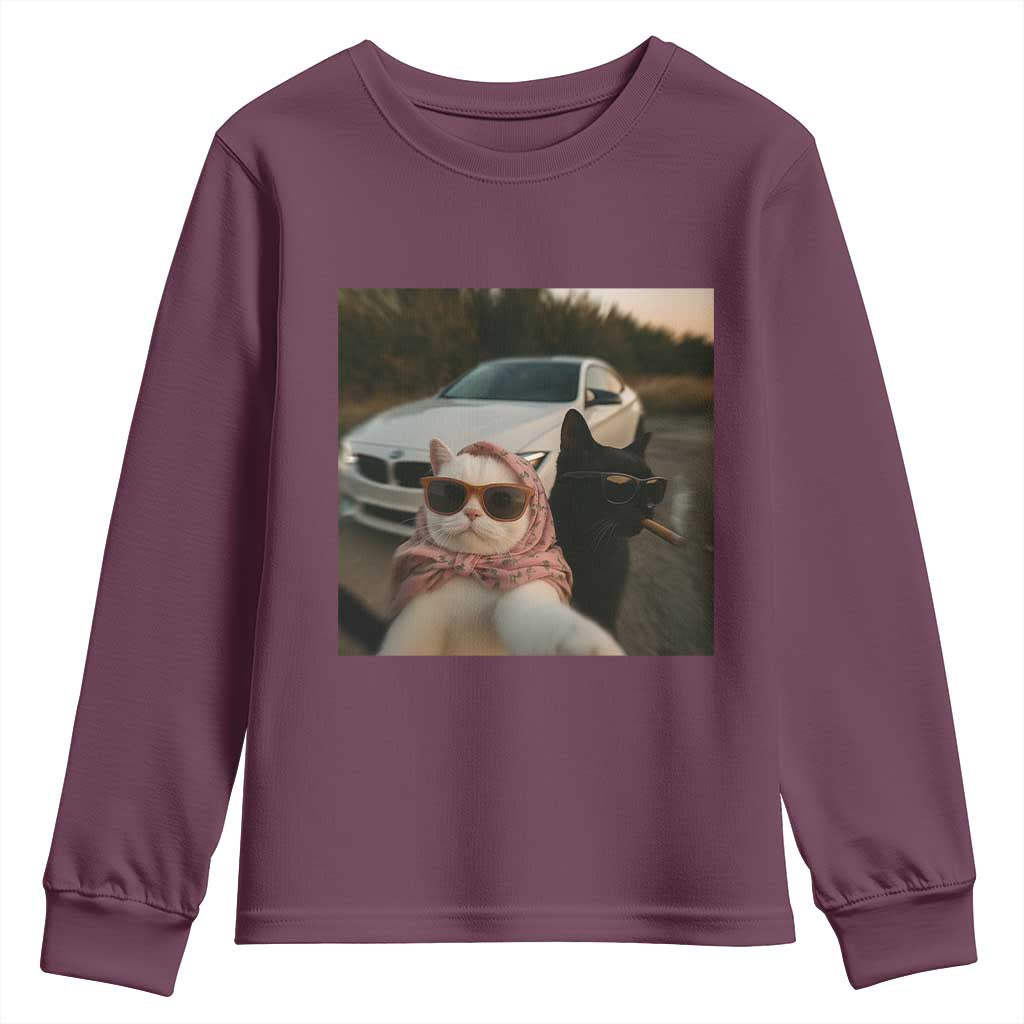 Cats Selfie Meme Youth Sweatshirt Funny Black Cat Smoking Cigarette With Car - Wonder Print Shop