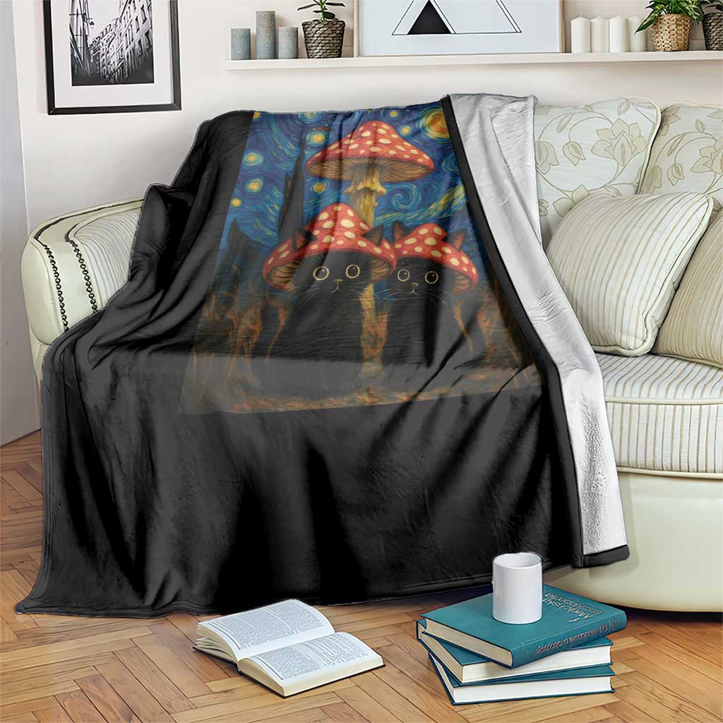 Cute Black Cat Mushroom Throw Blanket Stary Night Vangogh Amanita Muscaria - Wonder Print Shop