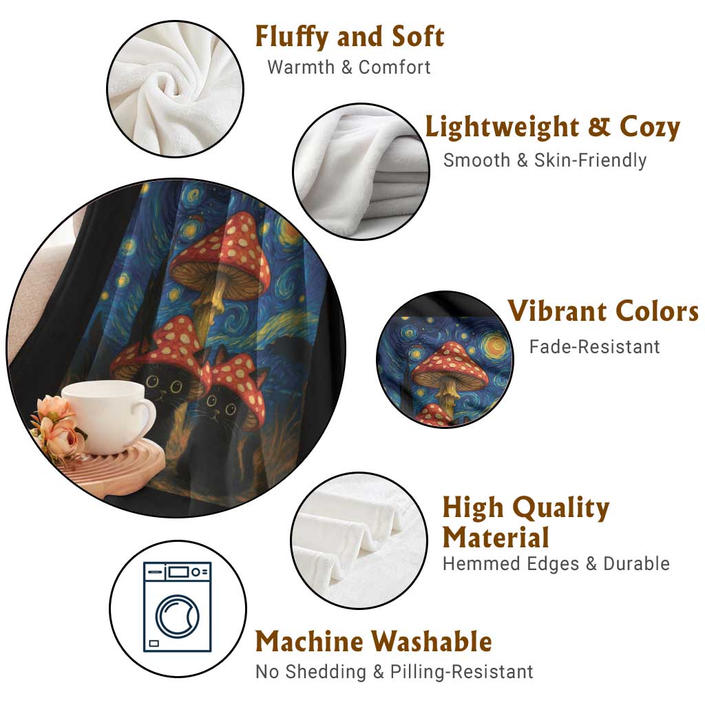 Cute Black Cat Mushroom Throw Blanket Stary Night Vangogh Amanita Muscaria - Wonder Print Shop