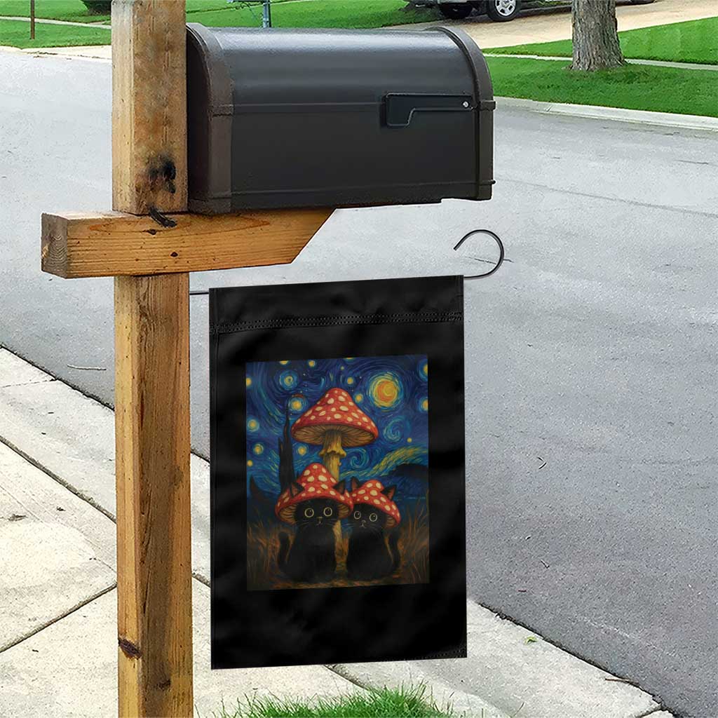 Cute Black Cat Mushroom Garden Flag Stary Night Vangogh Amanita Muscaria - Wonder Print Shop