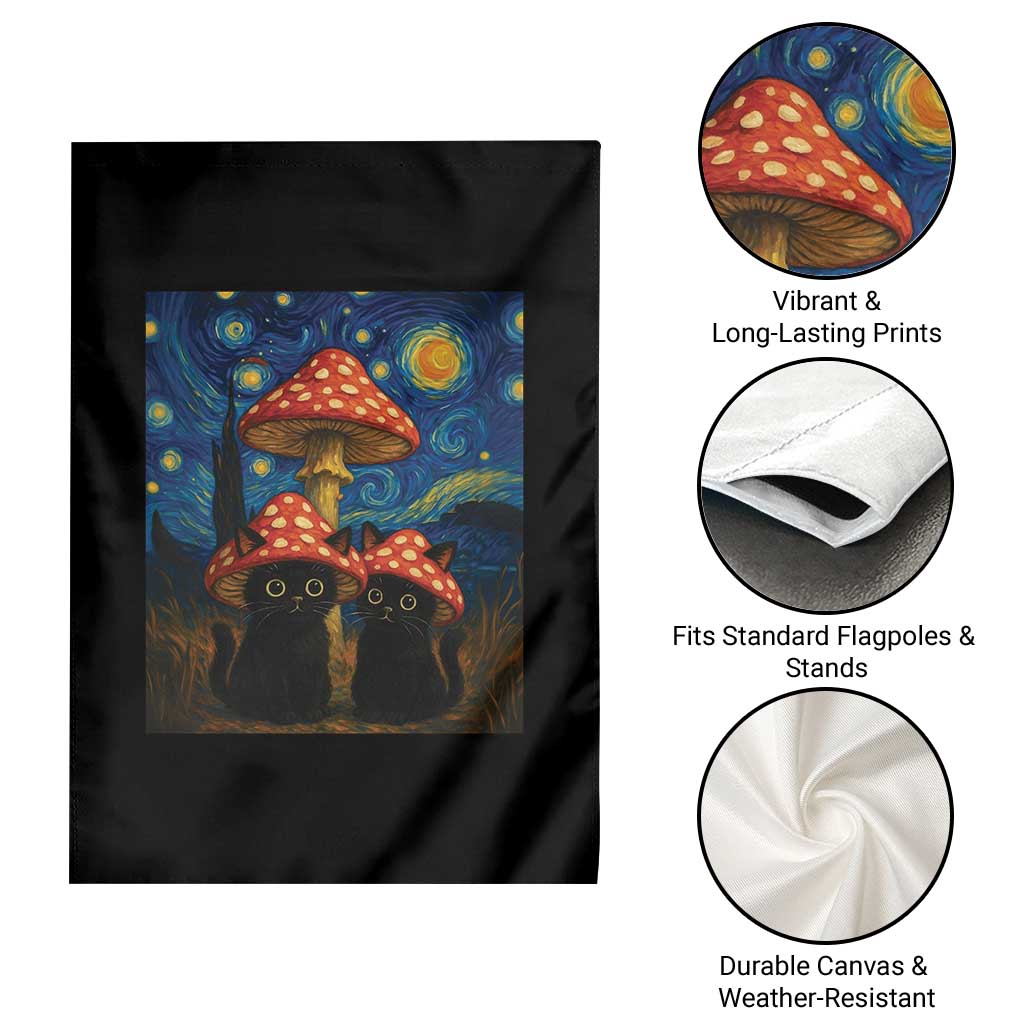 Cute Black Cat Mushroom Garden Flag Stary Night Vangogh Amanita Muscaria - Wonder Print Shop