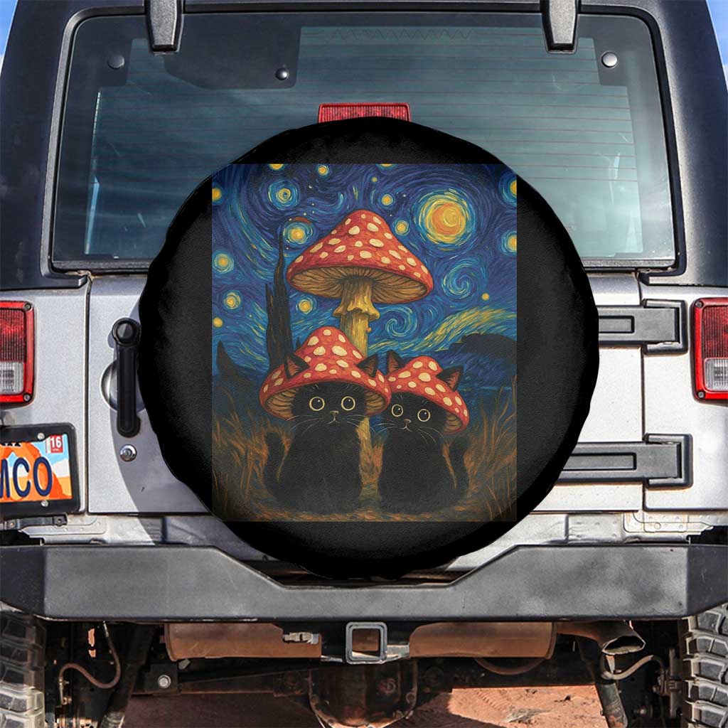 Cute Black Cat Mushroom Spare Tire Cover Stary Night Vangogh Amanita Muscaria - Wonder Print Shop