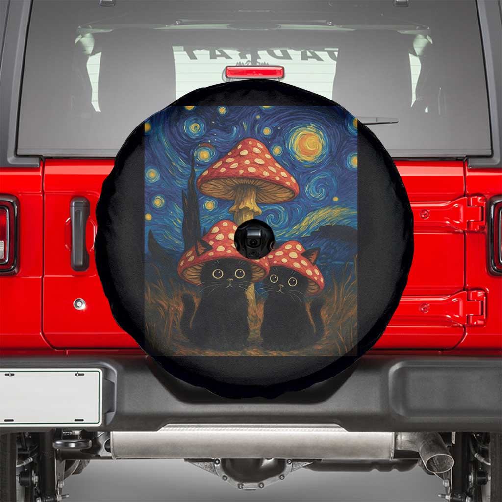 Cute Black Cat Mushroom Spare Tire Cover Stary Night Vangogh Amanita Muscaria - Wonder Print Shop