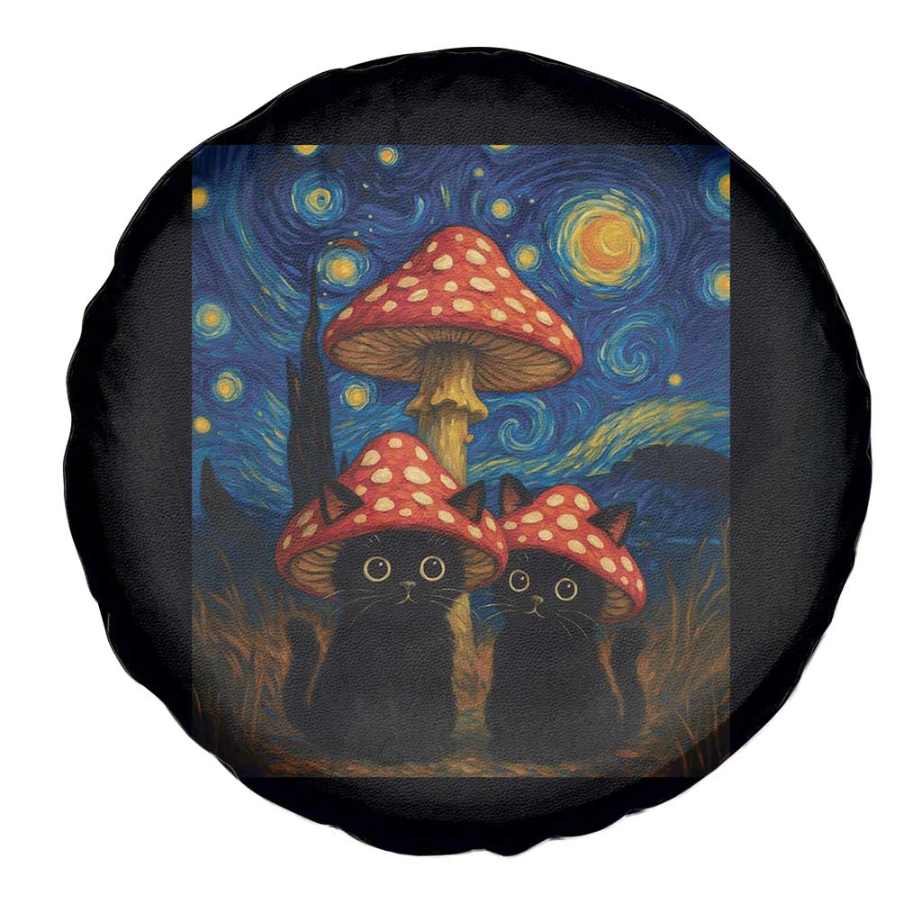 Cute Black Cat Mushroom Spare Tire Cover Stary Night Vangogh Amanita Muscaria - Wonder Print Shop
