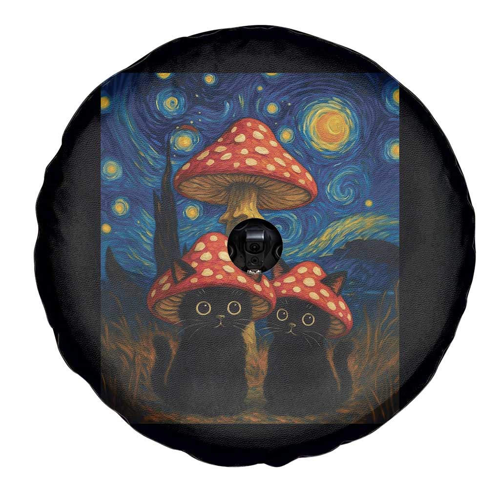Cute Black Cat Mushroom Spare Tire Cover Stary Night Vangogh Amanita Muscaria - Wonder Print Shop