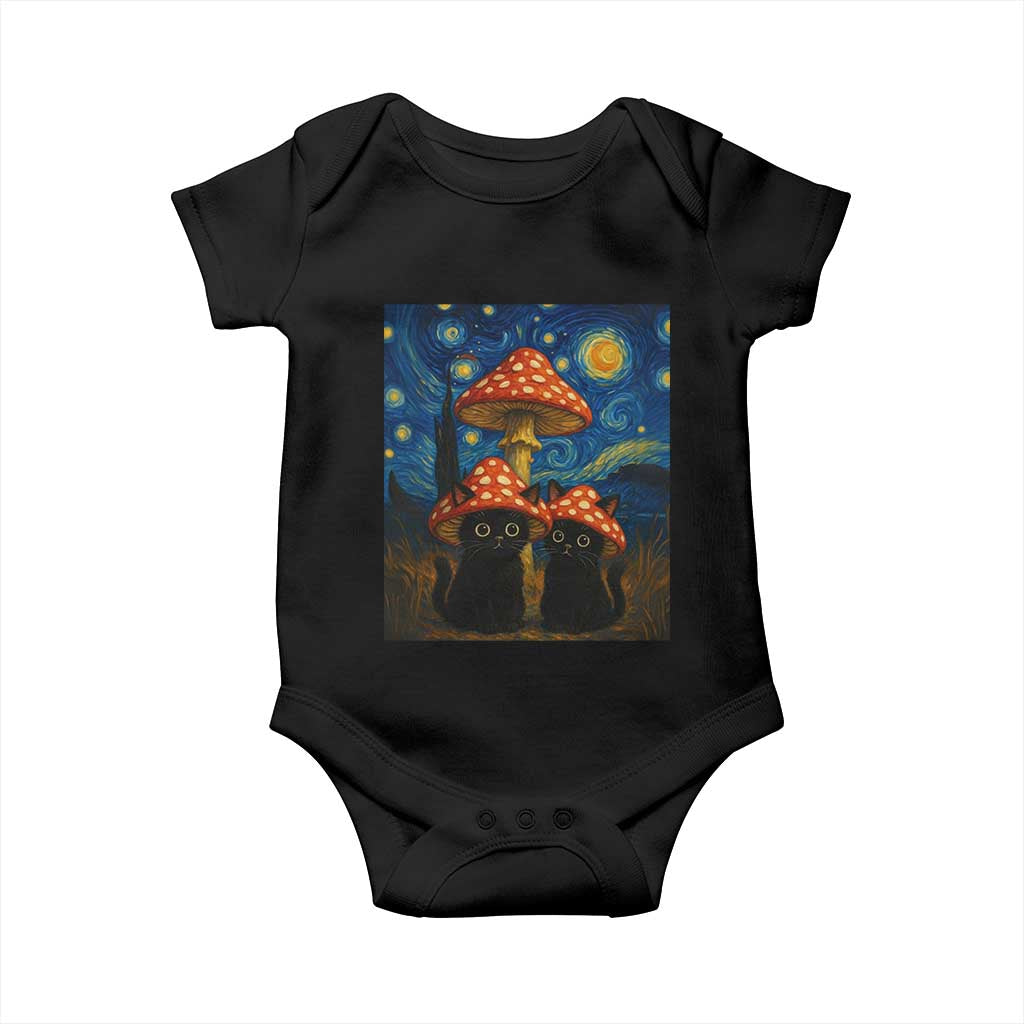 Cute Black Cat Mushroom Baby Onesie Stary Night Vangogh Amanita Muscaria - Wonder Print Shop