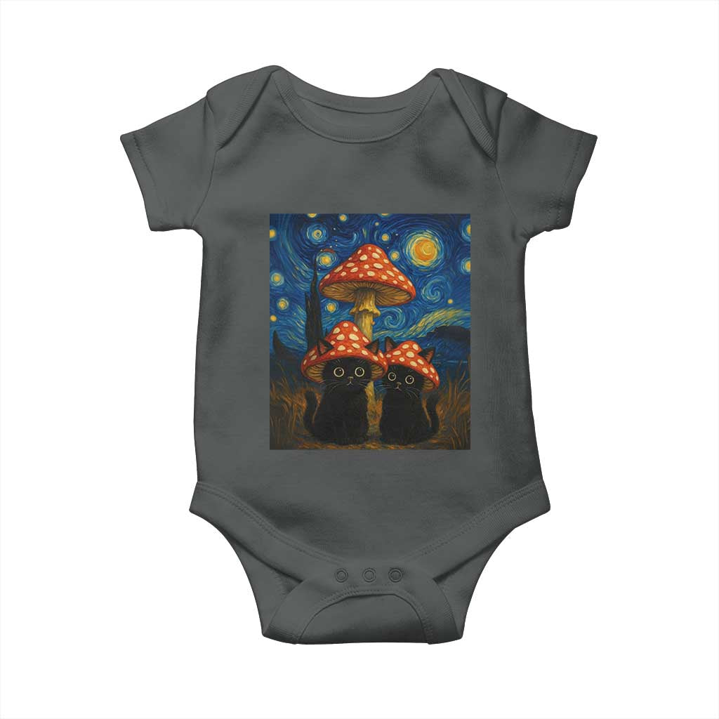 Cute Black Cat Mushroom Baby Onesie Stary Night Vangogh Amanita Muscaria - Wonder Print Shop