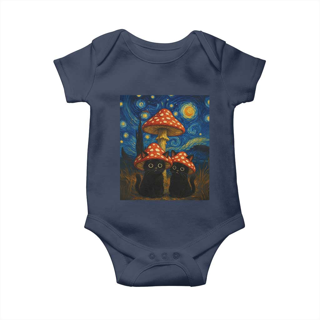 Cute Black Cat Mushroom Baby Onesie Stary Night Vangogh Amanita Muscaria - Wonder Print Shop