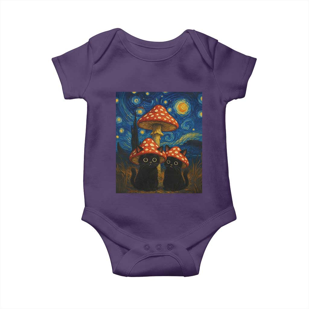 Cute Black Cat Mushroom Baby Onesie Stary Night Vangogh Amanita Muscaria - Wonder Print Shop