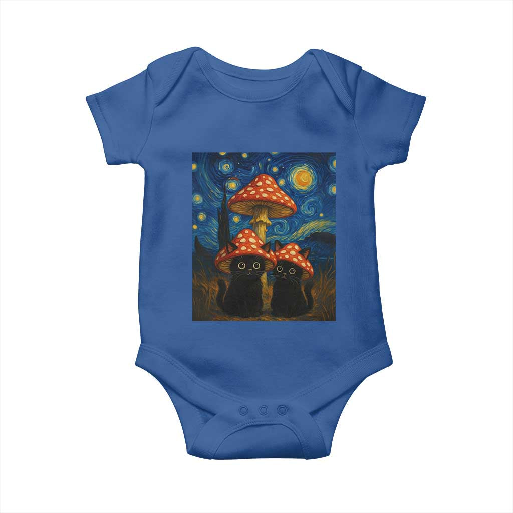 Cute Black Cat Mushroom Baby Onesie Stary Night Vangogh Amanita Muscaria - Wonder Print Shop