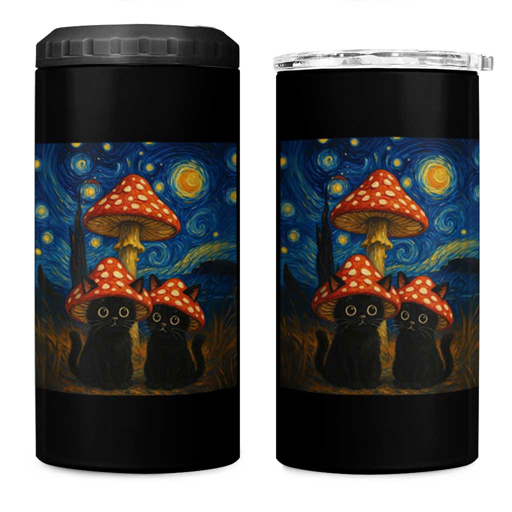 Cute Black Cat Mushroom 4 in 1 Can Cooler Tumbler Stary Night Vangogh Amanita Muscaria