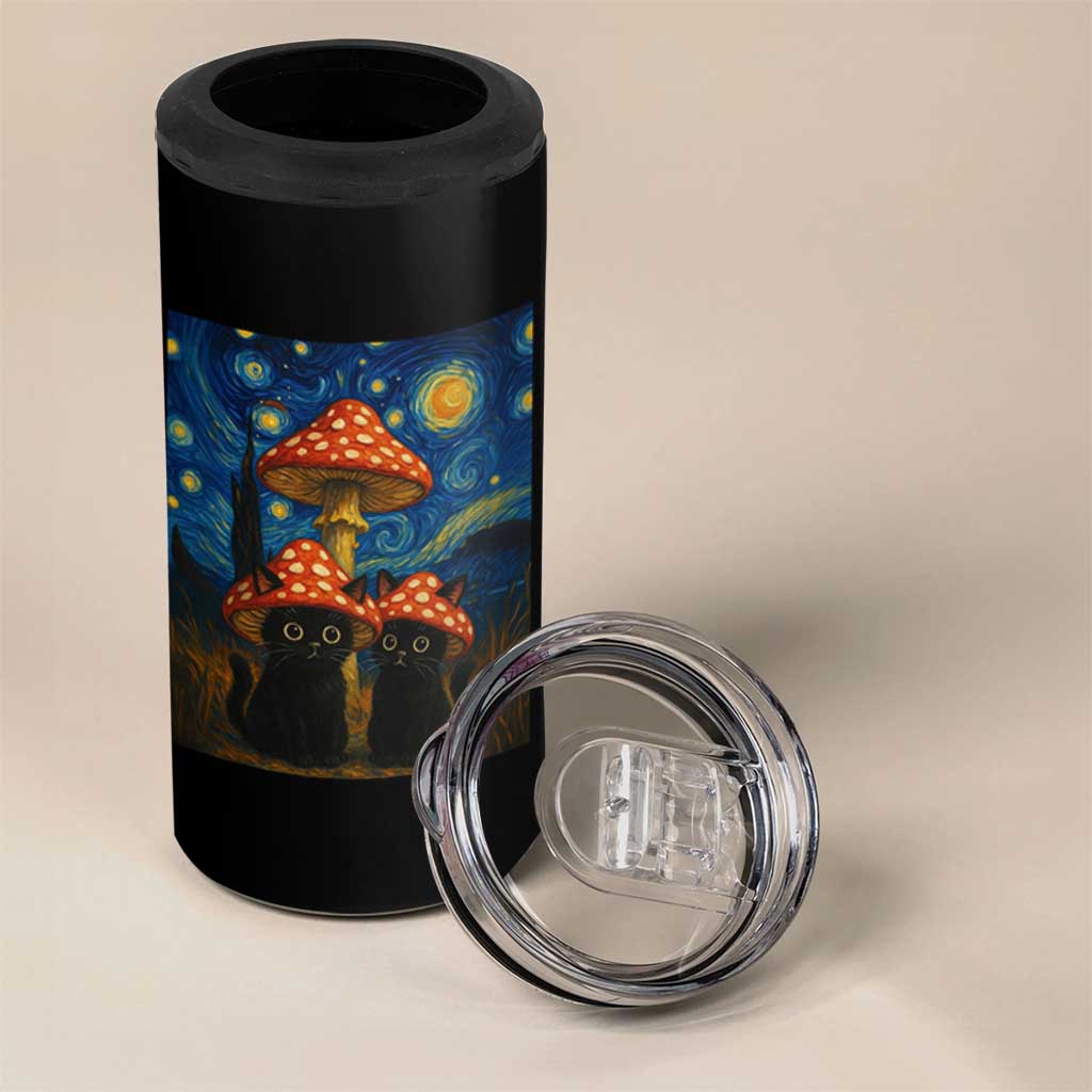 Cute Black Cat Mushroom 4 in 1 Can Cooler Tumbler Stary Night Vangogh Amanita Muscaria