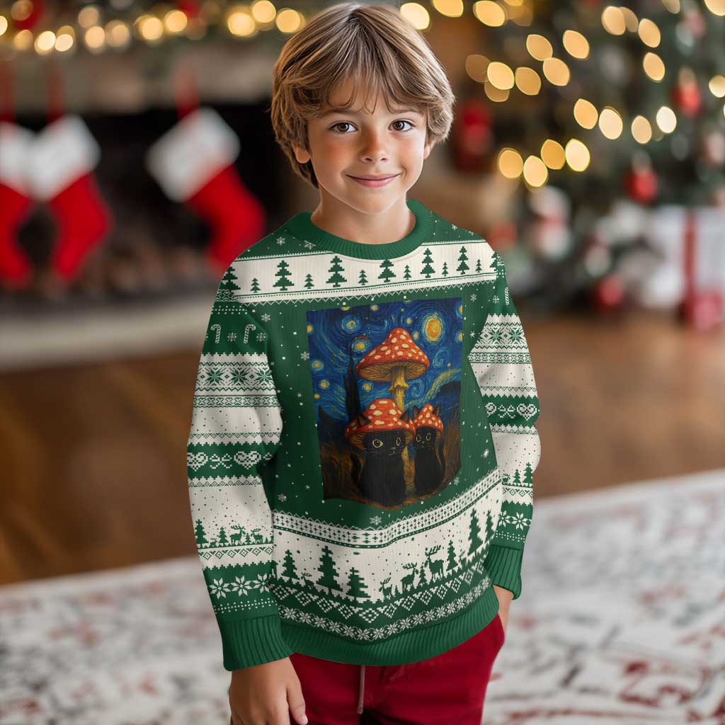 Cute Black Cat Mushroom Ugly Christmas Sweater Stary Night Vangogh Amanita Muscaria - Wonder Print Shop