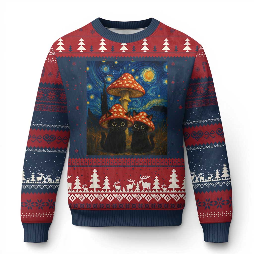 Cute Black Cat Mushroom Ugly Christmas Sweater Stary Night Vangogh Amanita Muscaria - Wonder Print Shop