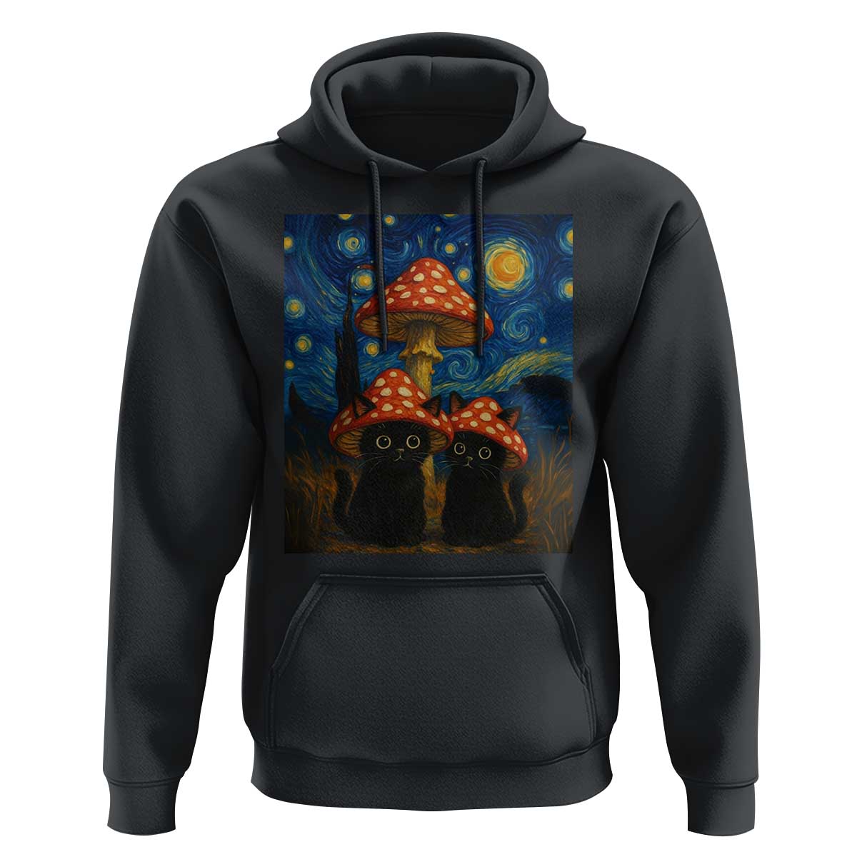Cute Black Cat Mushroom Hoodie Stary Night Vangogh Amanita Muscaria - Wonder Print Shop