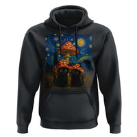 Cute Black Cat Mushroom Hoodie Stary Night Vangogh Amanita Muscaria - Wonder Print Shop