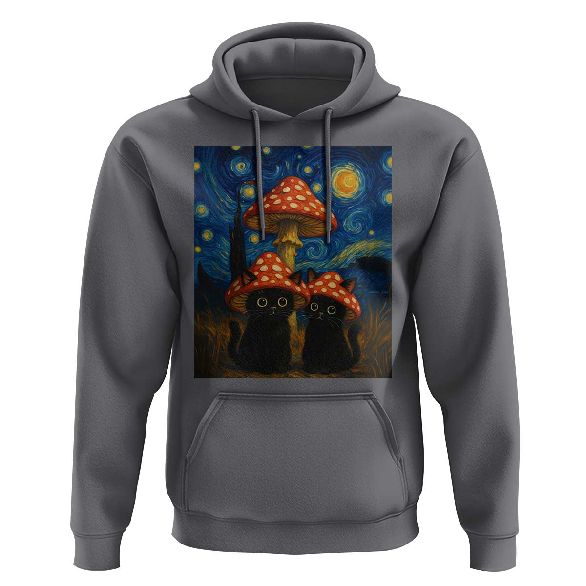 Cute Black Cat Mushroom Hoodie Stary Night Vangogh Amanita Muscaria - Wonder Print Shop