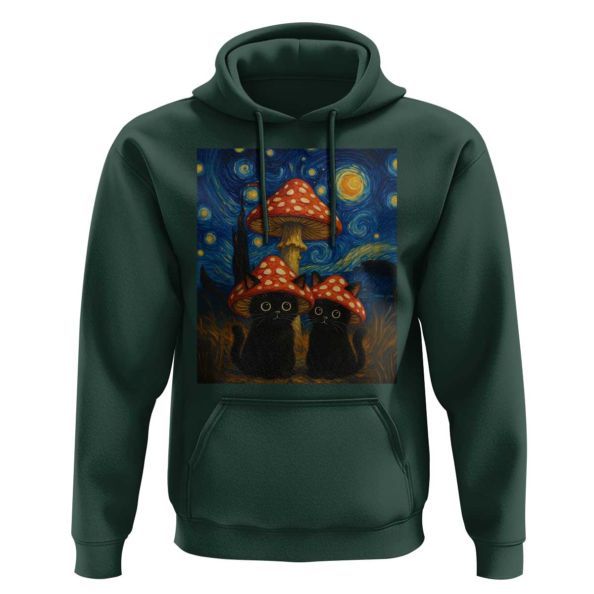 Cute Black Cat Mushroom Hoodie Stary Night Vangogh Amanita Muscaria - Wonder Print Shop