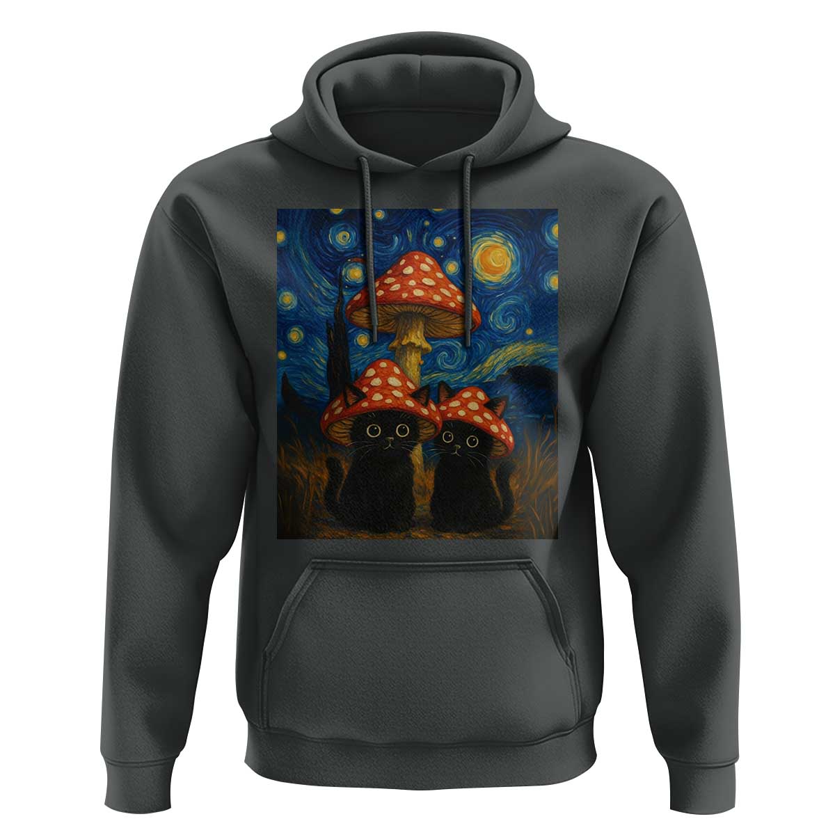 Cute Black Cat Mushroom Hoodie Stary Night Vangogh Amanita Muscaria - Wonder Print Shop