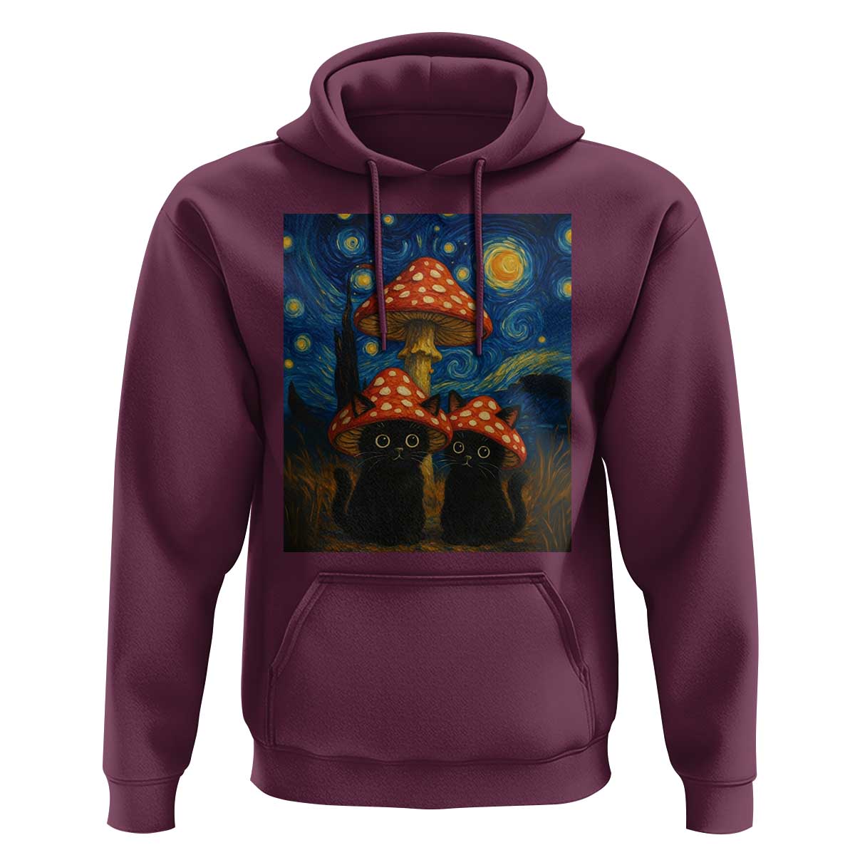 Cute Black Cat Mushroom Hoodie Stary Night Vangogh Amanita Muscaria - Wonder Print Shop