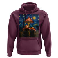 Cute Black Cat Mushroom Hoodie Stary Night Vangogh Amanita Muscaria - Wonder Print Shop