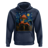 Cute Black Cat Mushroom Hoodie Stary Night Vangogh Amanita Muscaria - Wonder Print Shop