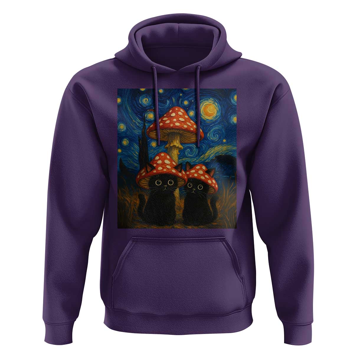 Cute Black Cat Mushroom Hoodie Stary Night Vangogh Amanita Muscaria - Wonder Print Shop
