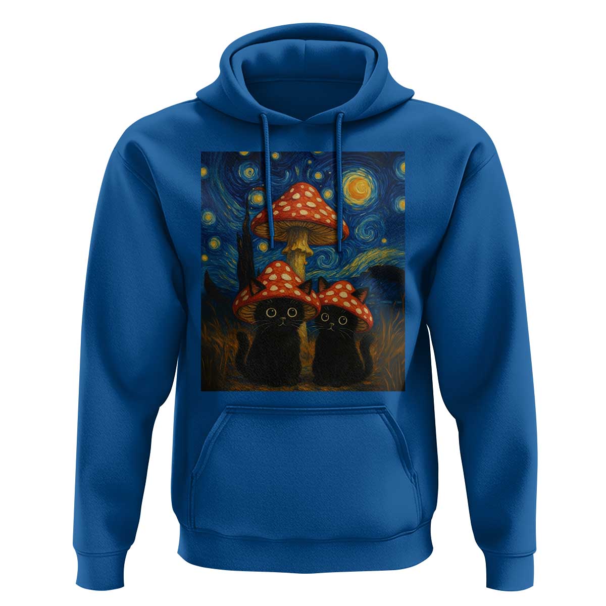 Cute Black Cat Mushroom Hoodie Stary Night Vangogh Amanita Muscaria - Wonder Print Shop