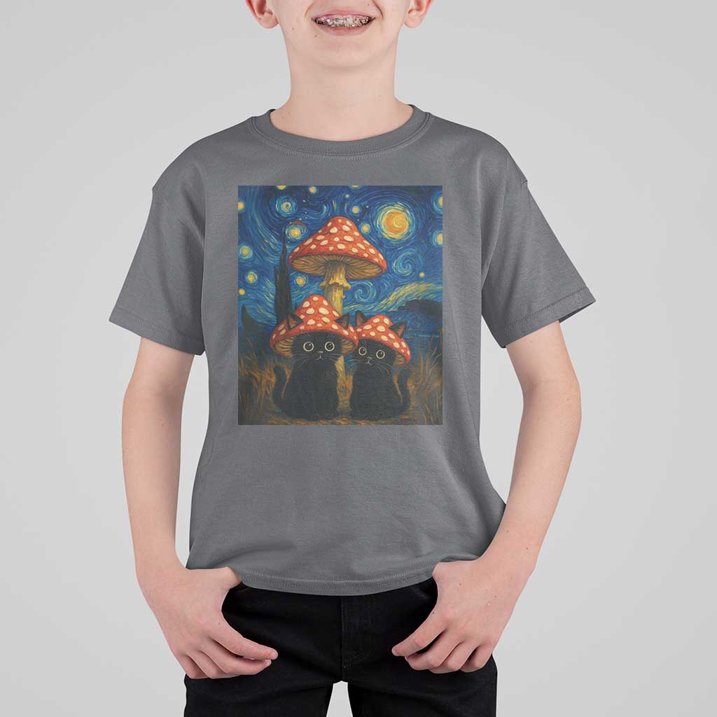 Cute Black Cat Mushroom T Shirt For Kid Stary Night Vangogh Amanita Muscaria - Wonder Print Shop