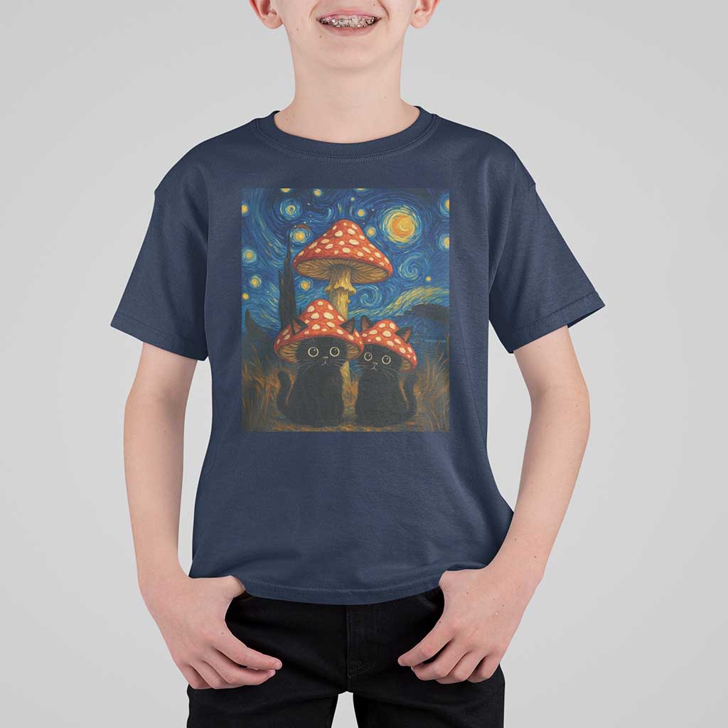 Cute Black Cat Mushroom T Shirt For Kid Stary Night Vangogh Amanita Muscaria - Wonder Print Shop