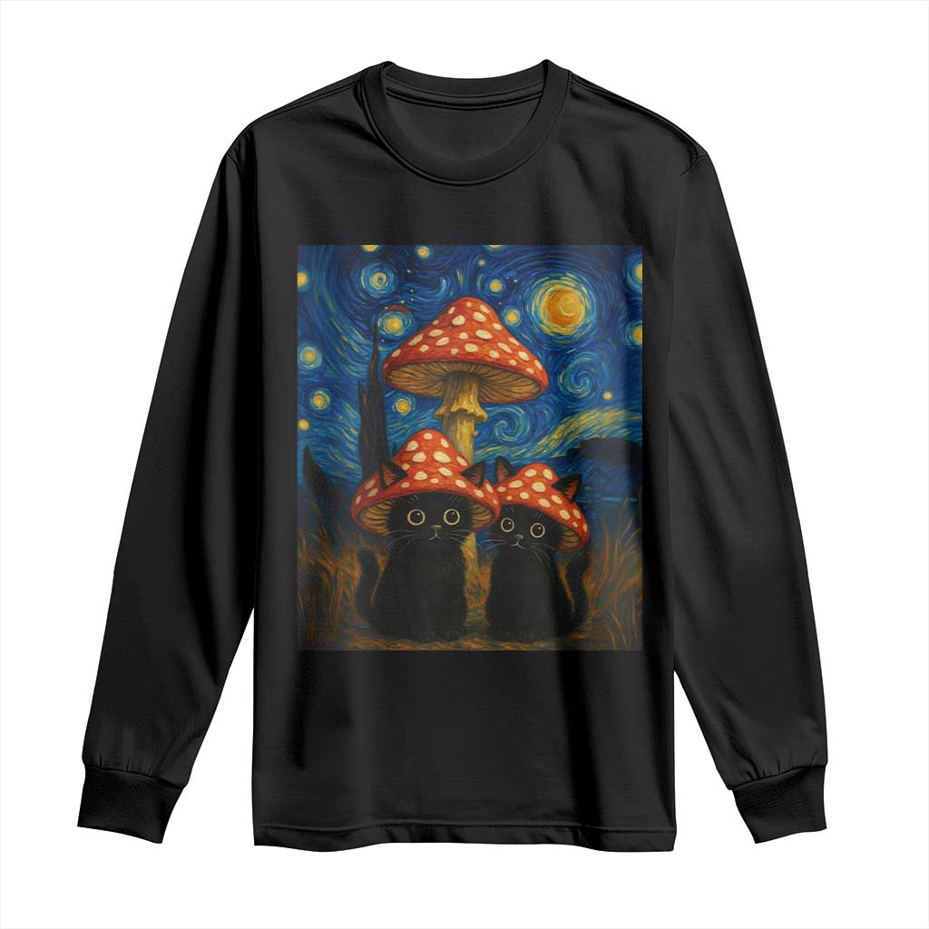 Cute Black Cat Mushroom Long Sleeve Shirt Stary Night Vangogh Amanita Muscaria - Wonder Print Shop