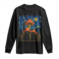 Cute Black Cat Mushroom Long Sleeve Shirt Stary Night Vangogh Amanita Muscaria - Wonder Print Shop